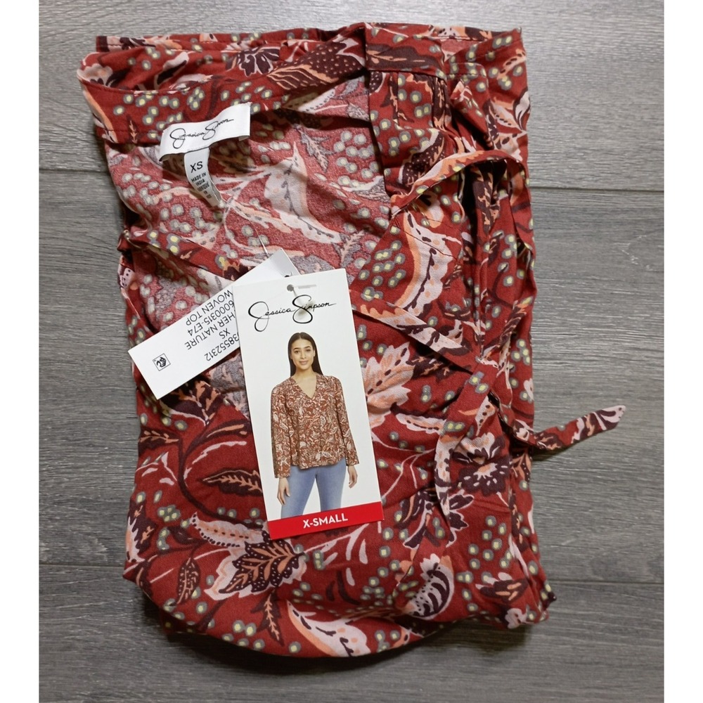 Jessica Simpson Boho Blouse Womens XS Red Floral Flare Sleeve Top 3000315-E74